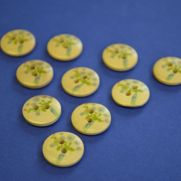 15mm Wooden Floral Buttons Natural Wood 10pk Flowers Blue Vase (SNF2)