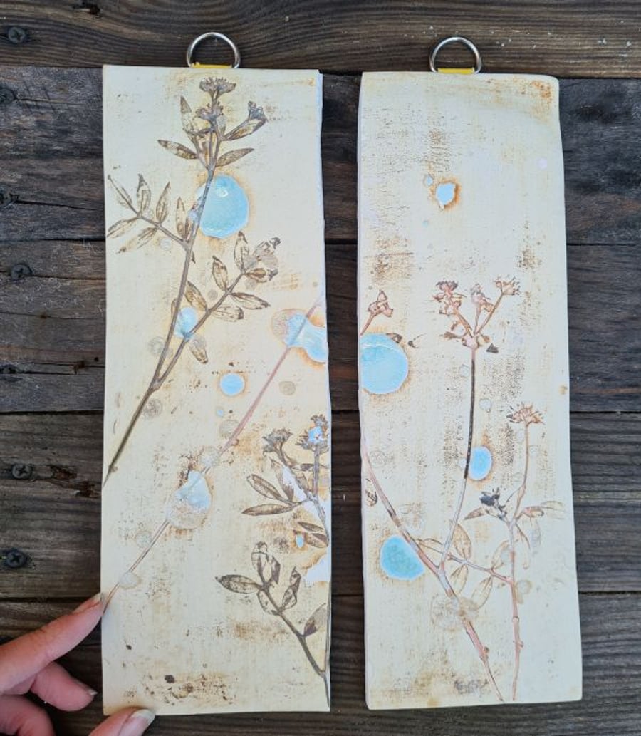 Pair of Botanical Ceramic Wall Hanging Tiles