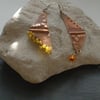 Asymmetric Copper Fold Form Earrings with Yellow Seed Beads