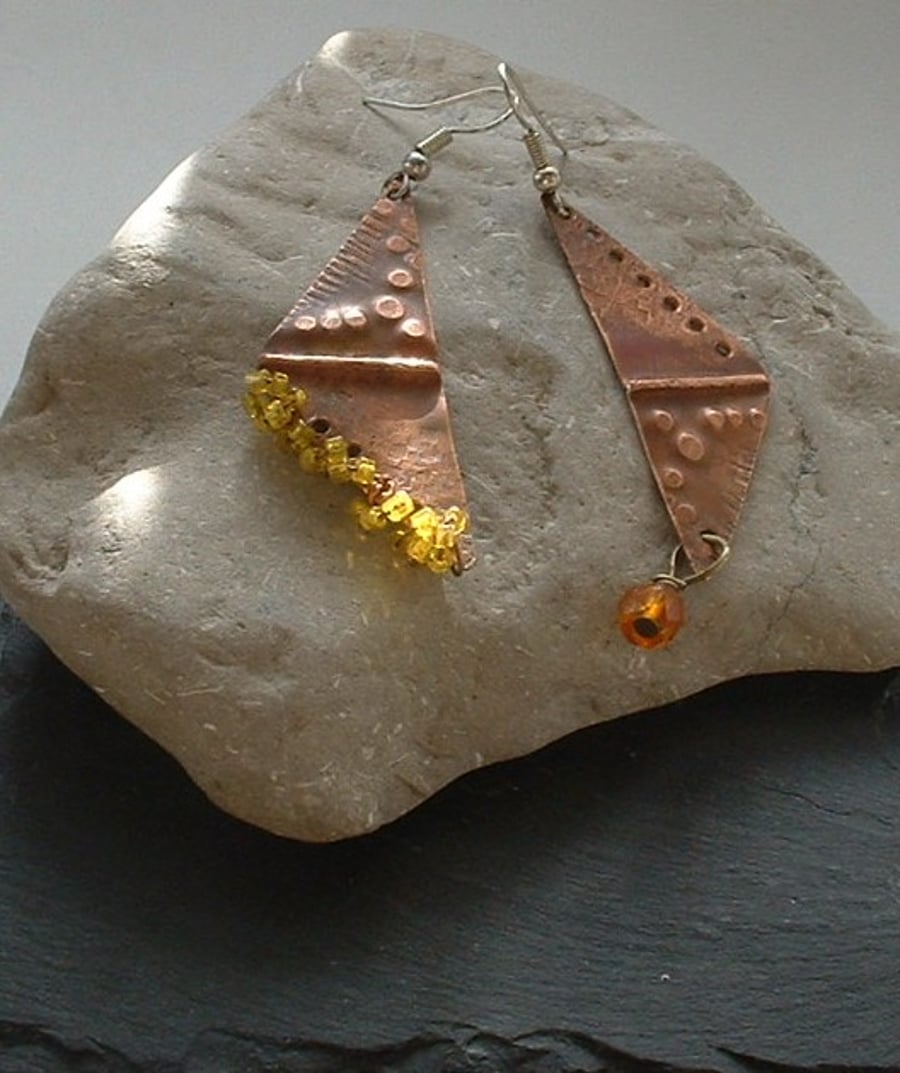 Asymmetric Copper Fold Form Earrings with Yellow Seed Beads