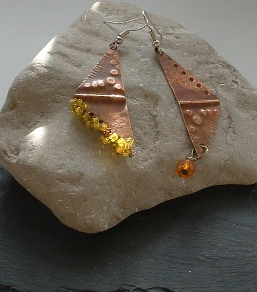 Asymmetric Copper Fold Form Earrings with Yellow Seed Beads