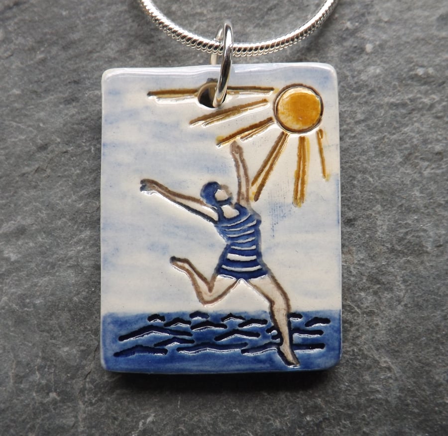Beach Belle ceramic pendant in blue yellow and white 