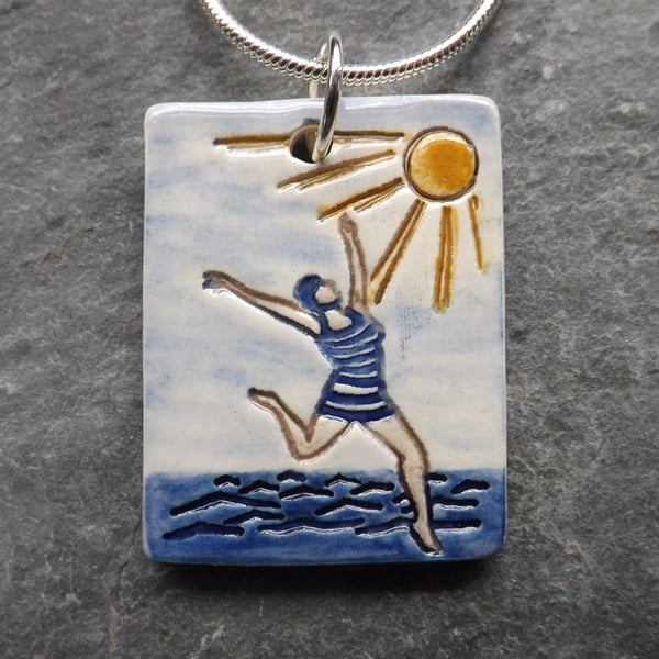 Beach Belle ceramic pendant in blue yellow and white 