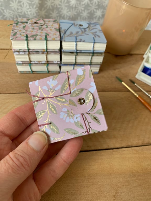 Coptic Bound Tiny Floral Watercolour Sketchbook. Pink, green and gold.