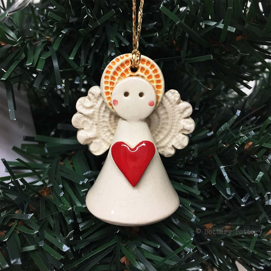 Teeny little ceramic angel Christmas decoration RED heart design pottery angel