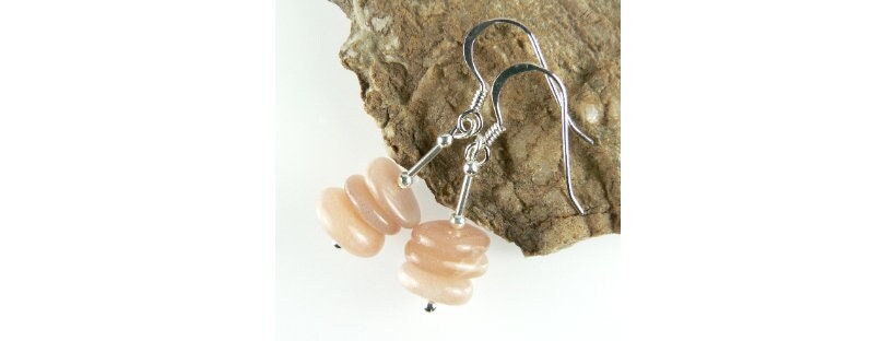 Peach Moonstone natural stone drop earrings, sterling silver, in a gift box