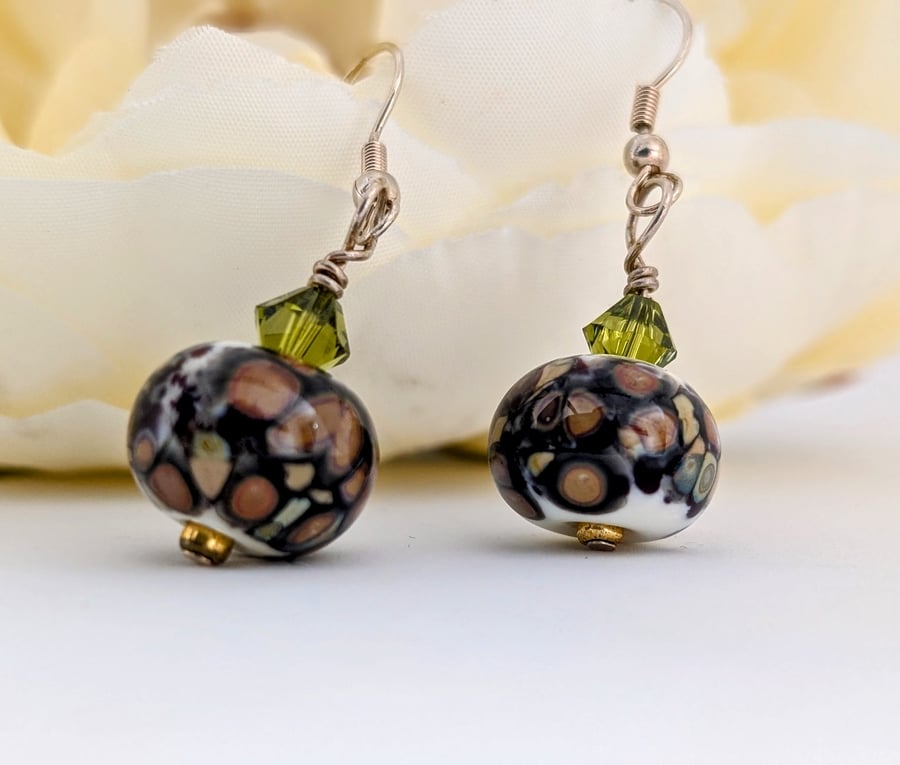 Green, Brown and White Lampwork Glass Bead Earrings, Gold Filled Earwires