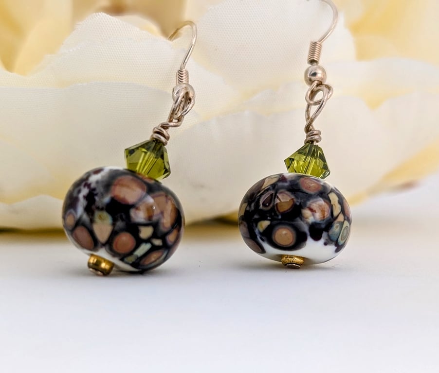Green, Brown and White Lampwork Glass Bead Earrings, Gold Filled Earwires