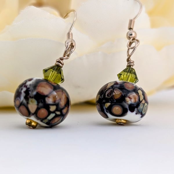 Green, Brown and White Lampwork Glass Bead Earrings, Gold Filled Earwires