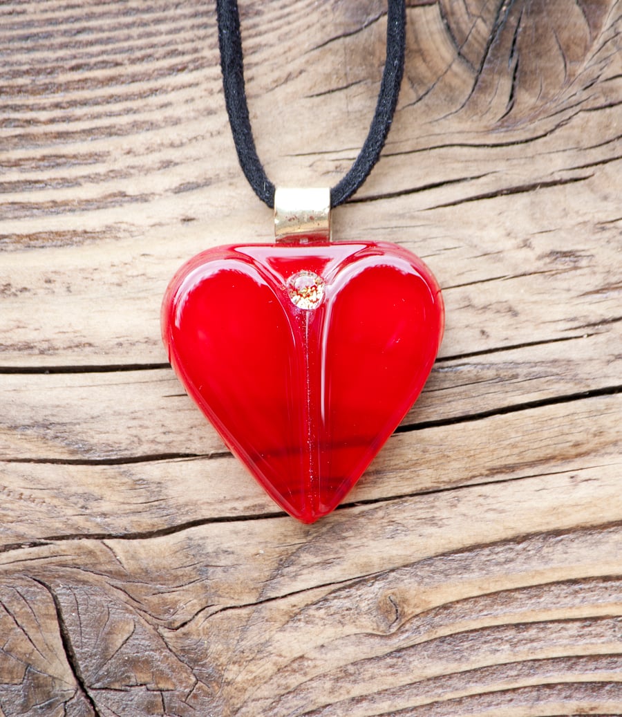 Fused Glass Heart Necklace - Red & Gold