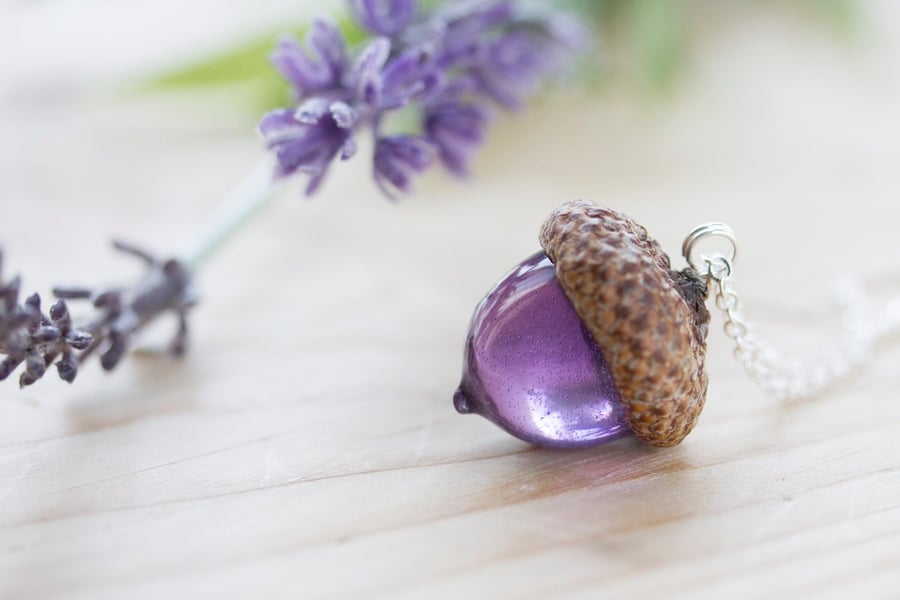 Acorn Necklace Purple Real Flower Jewelry Gifts for Her Acorn Jewelry Resin Neck