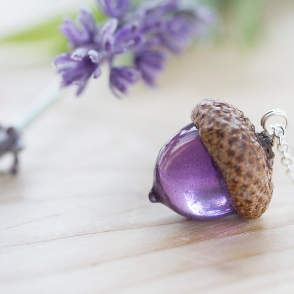 Acorn Necklace Purple Real Flower Jewelry Gifts for Her Acorn Jewelry Resin Neck
