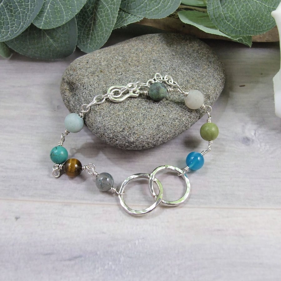 Gemstone Bracelet. Sterling Silver Interlocked Rings and Mixed Gemstone Bracelet
