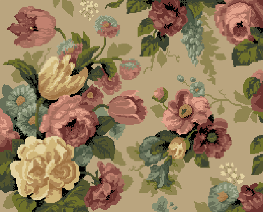 177 Vintage Victorian Cabbage Roses - Pink and blue flowers - Cross stitch