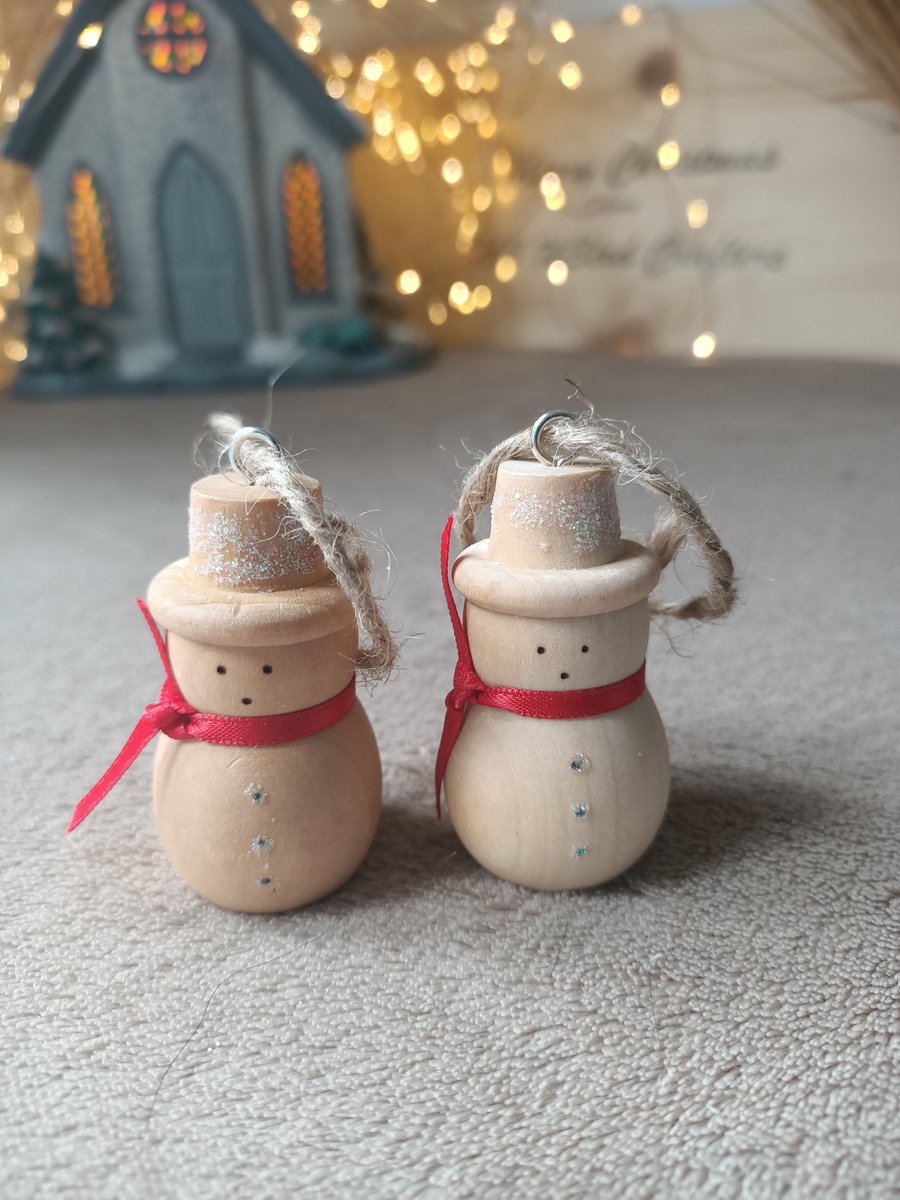 Wooden wood turned snowman traditional christmas decoration red