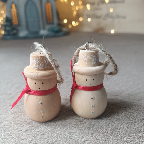 Wooden wood turned snowman traditional christmas decoration red