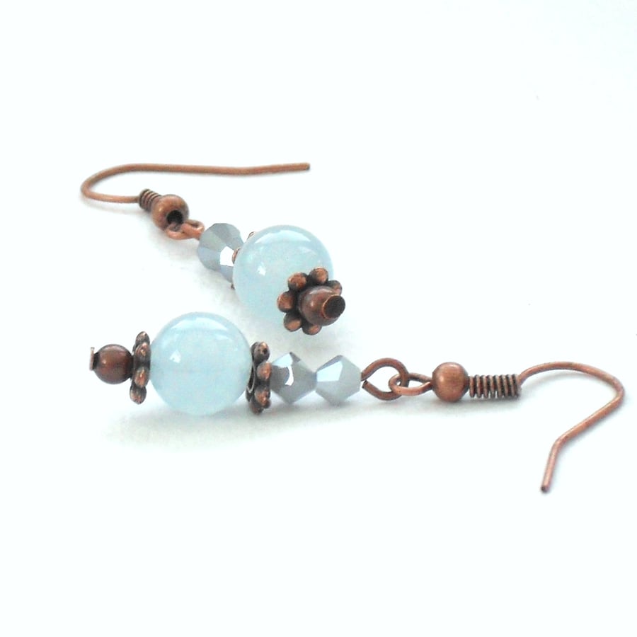 Pale blue jade and crystal handmade copper earrings