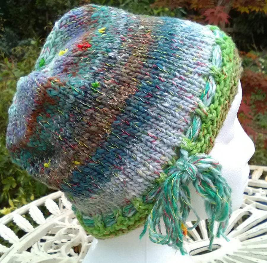Handknit Noro cotton silk & wool hat Late Summer stripes Medium