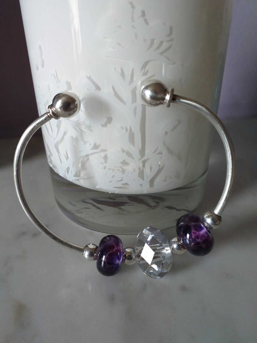 PURPLE LAMPWORK AND SWAROVSKI BANGLE - FREE UK POSTAGE 
