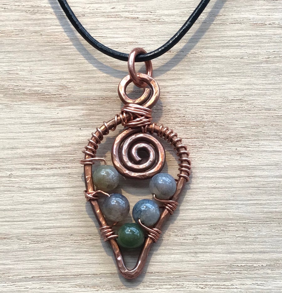 Indian agate and recycled copper wire-wrap Leaf pendant, necklace. Made to order