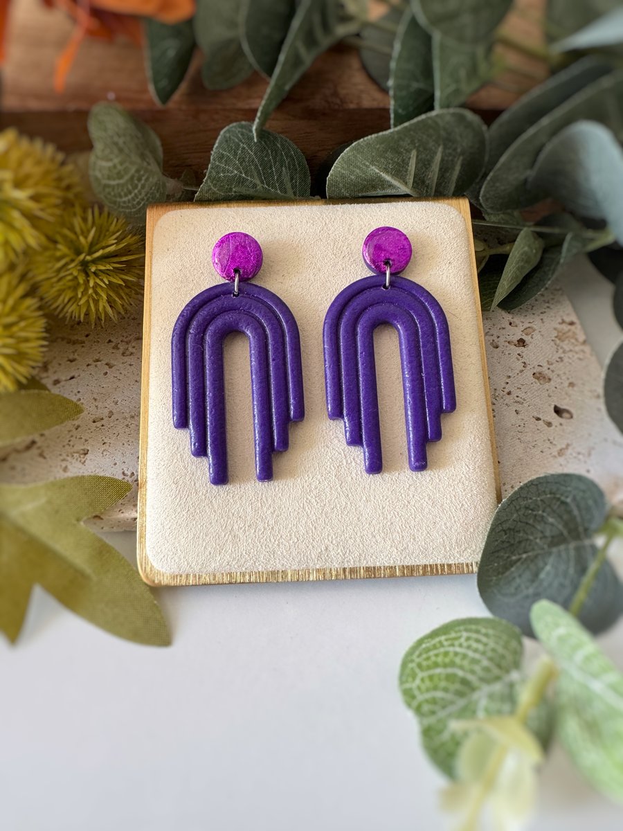 Double Purple Texture Deco Arch Earrings 