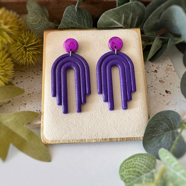 Double Purple Texture Deco Arch Earrings 