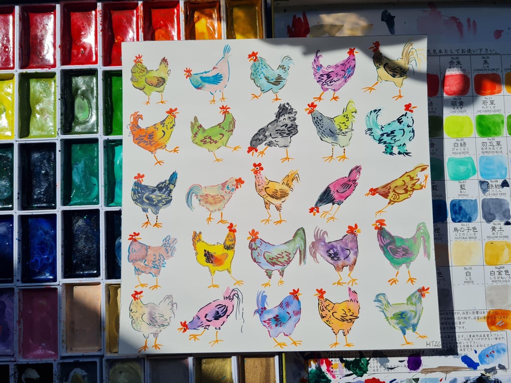 Whimsical Chickens, Hand-Painted original artwork