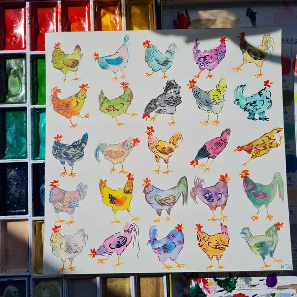 Whimsical Chickens, Hand-Painted original artwork