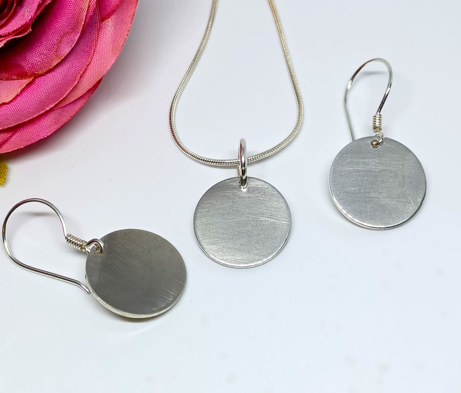 Sterling Silver Disc Set, Silver Disc Earrings, Silver Disc Pendant, Necklace an