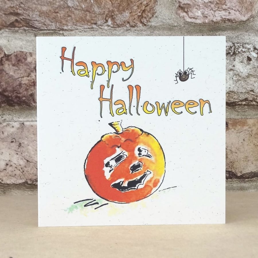 Happy Halloween Card Pumpkin and Spider  Ecofriendly