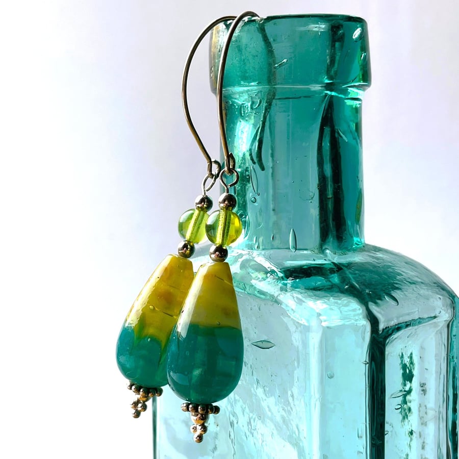 Olive and teal lampwork drop earrings