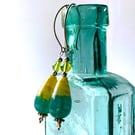 Olive and teal lampwork drop earrings