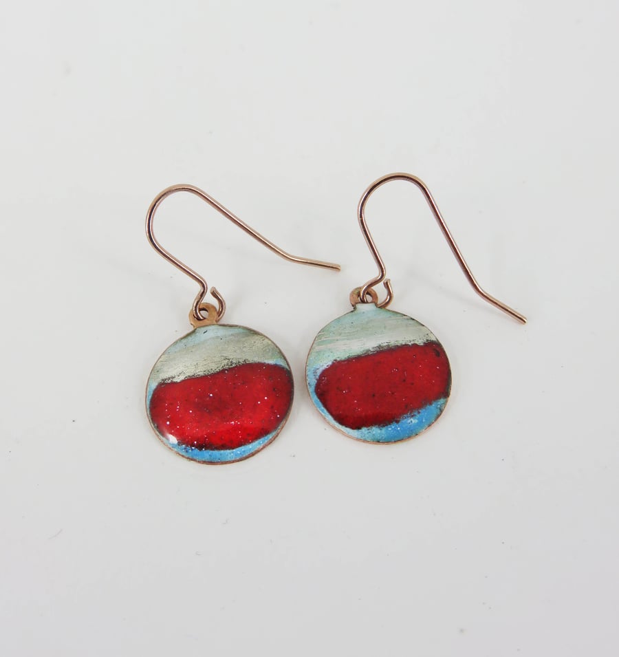 Copper earrings with red, blue and white enamel and a hint of silver 