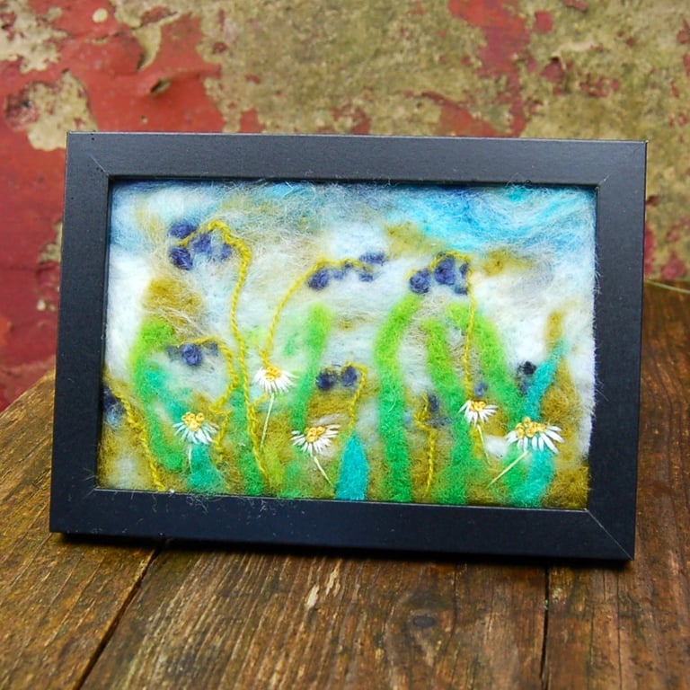 Bluebell and Daisies: Needle felted and hand embroidered picture