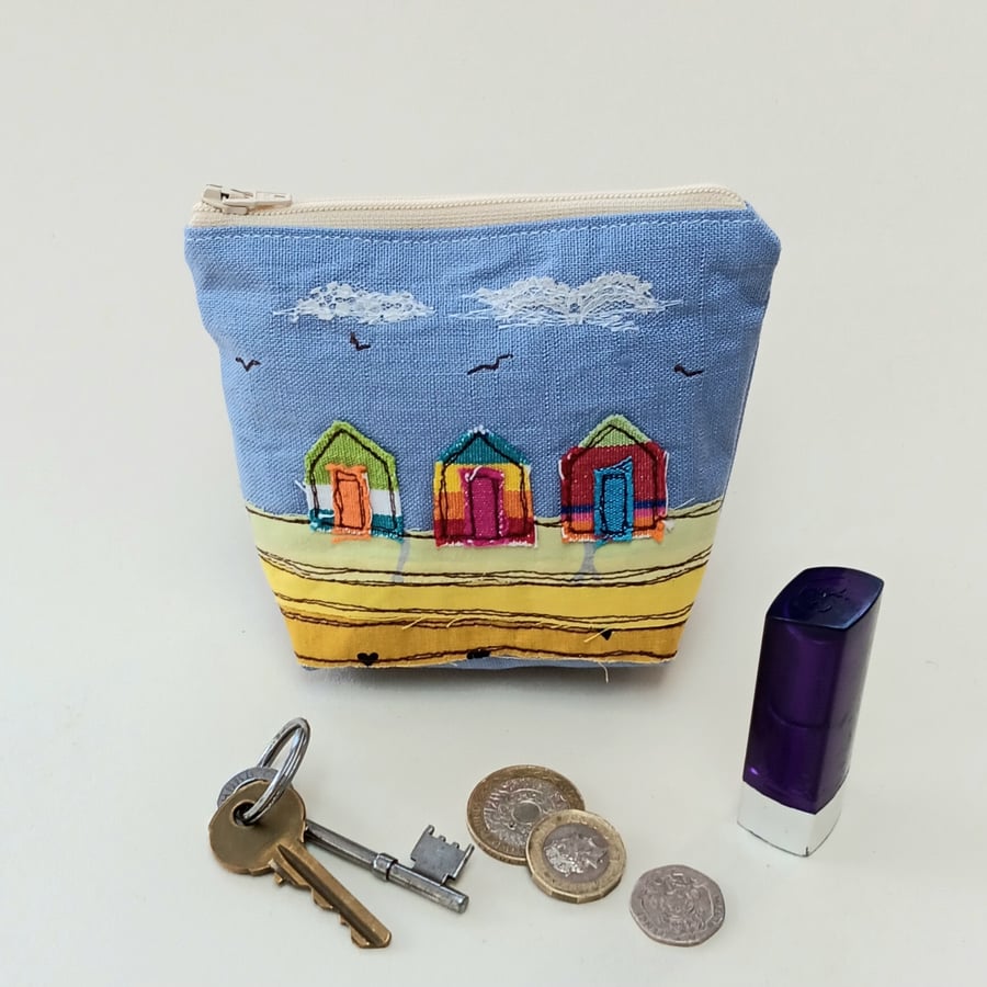 Coin Purse with Embroidered Beach Huts