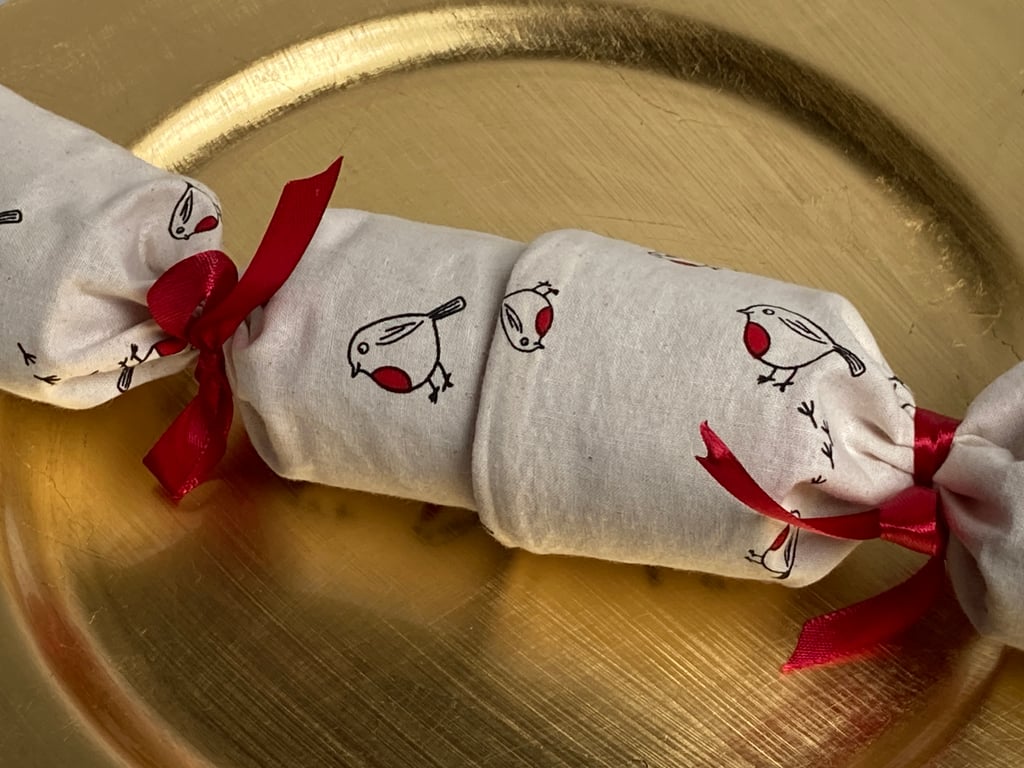 Pick and mix reusable Christmas Cracker in Cream robin fabric.