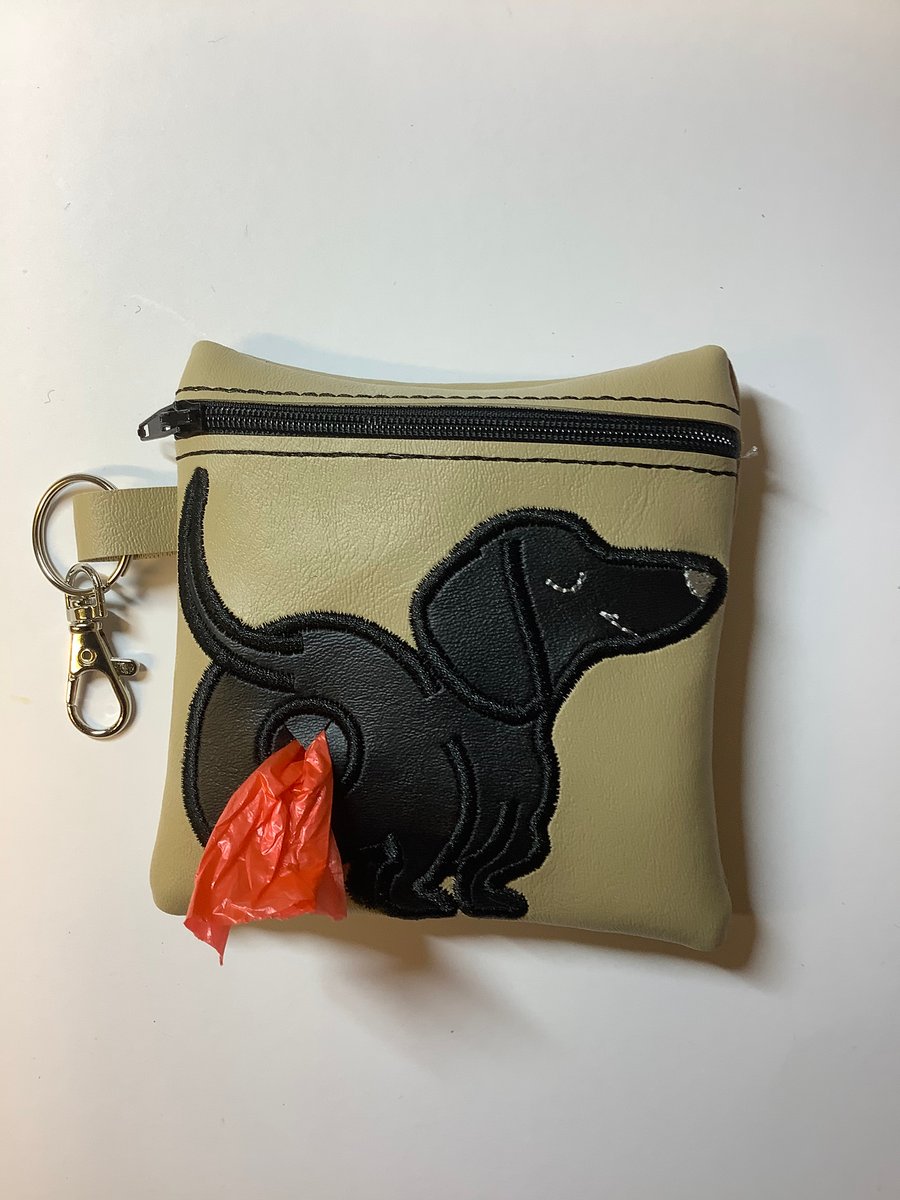 Lovely  Dachshund  Embroidered Fawn faux leather dog poo bag ,dog walking,
