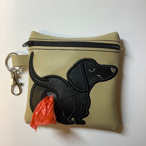 Lovely  Dachshund  Embroidered Fawn faux leather dog poo bag ,dog walking,