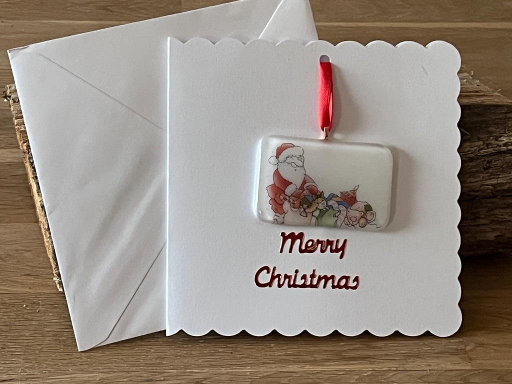 Unique Handcrafted Christmas Card with Artisan Fused Glass Santa and toys 