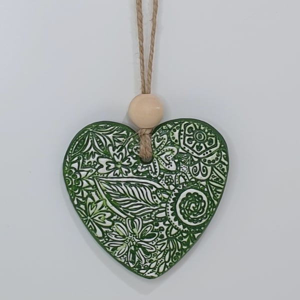 Heart decoration, clay hanging ornament, green and white 