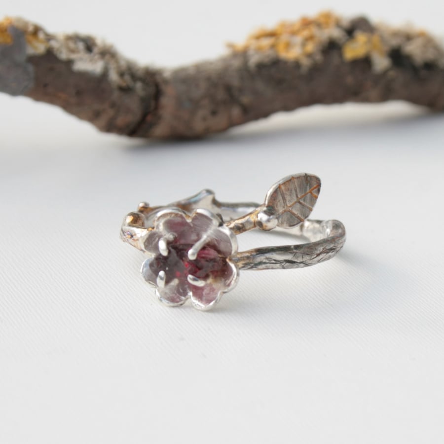 Sterling Silver Branch Ring with Garnet, January Birthstone Jewellery