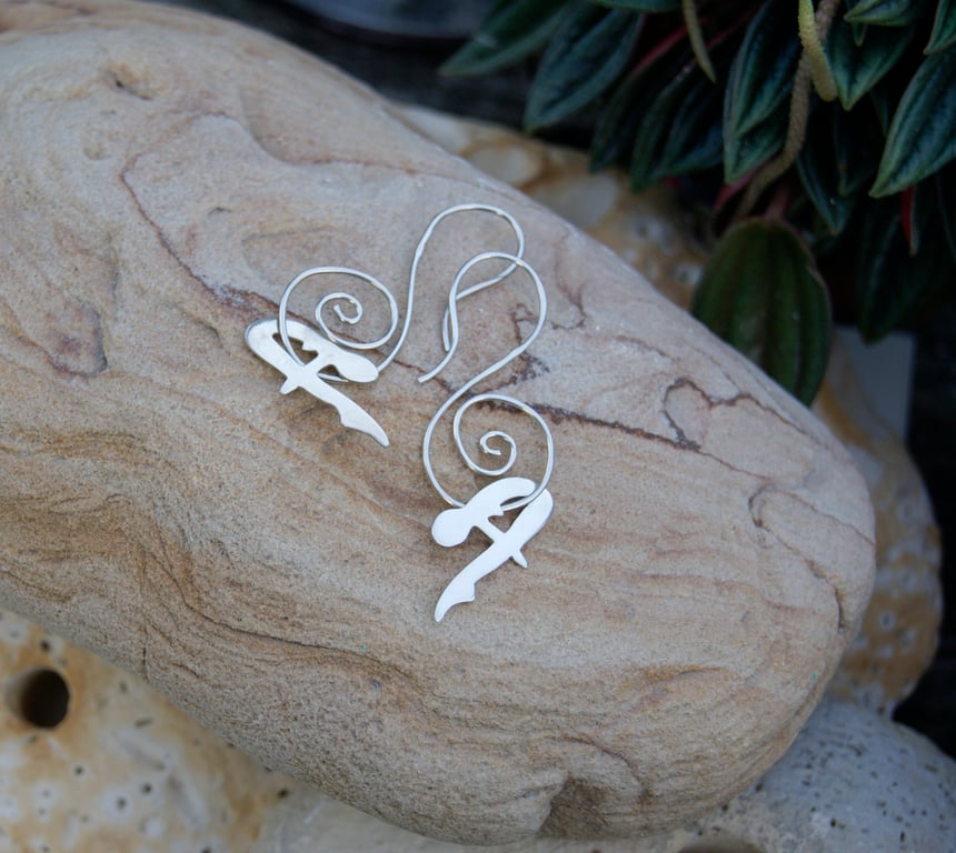 Handmade Sterling Silver Earrings, drop, dangle, female Form Swimmer, Diver