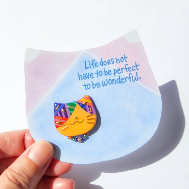 Hand-painted Cat Brooch with hand-coloured card