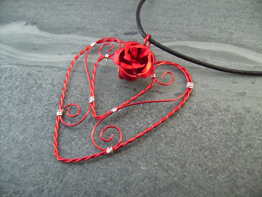  Filigree Red Wire Heart Pendant Necklace