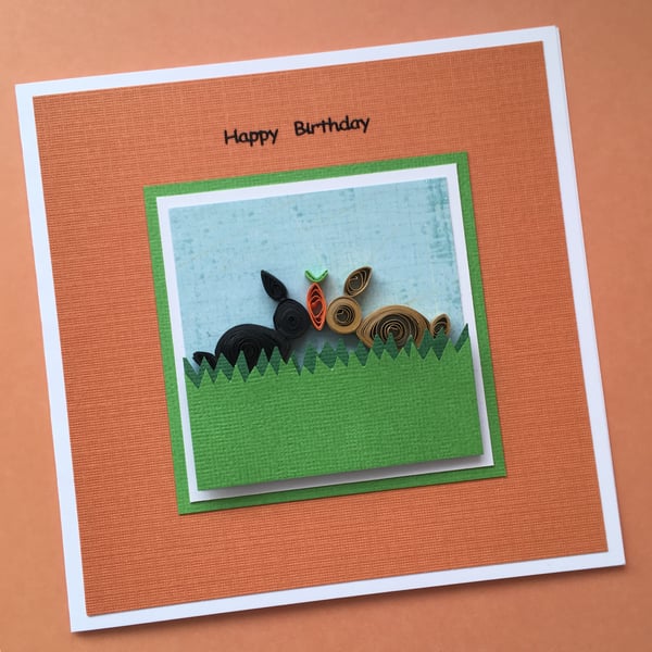 Quilled bunny rabbits birthday card - personalised option available