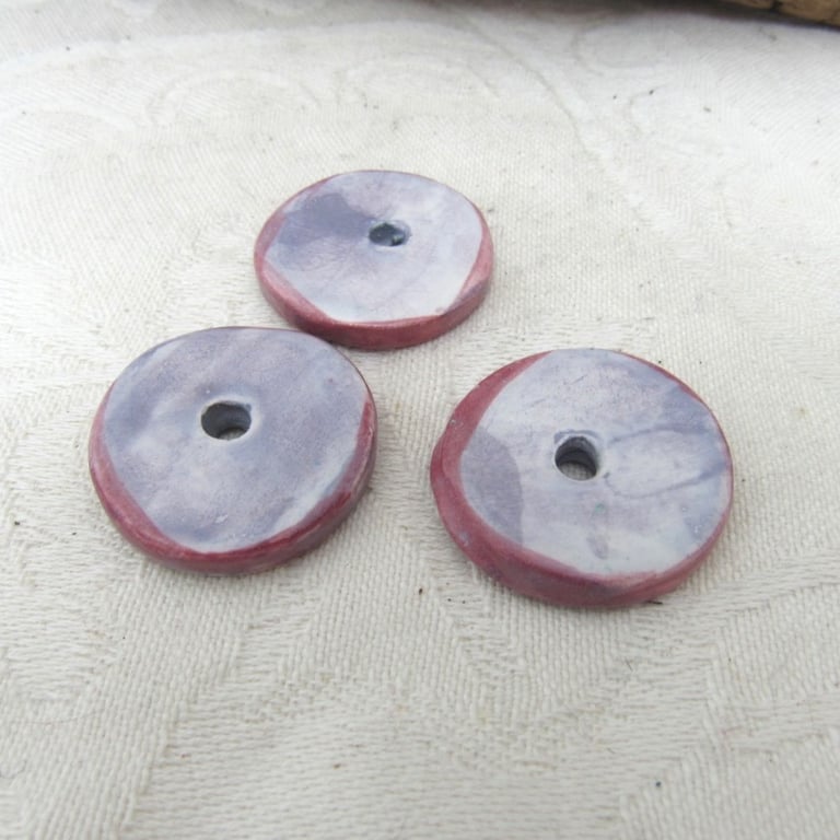 3 Extra-Large Light Purple and Pink Glazed Ceramic Disc Beads