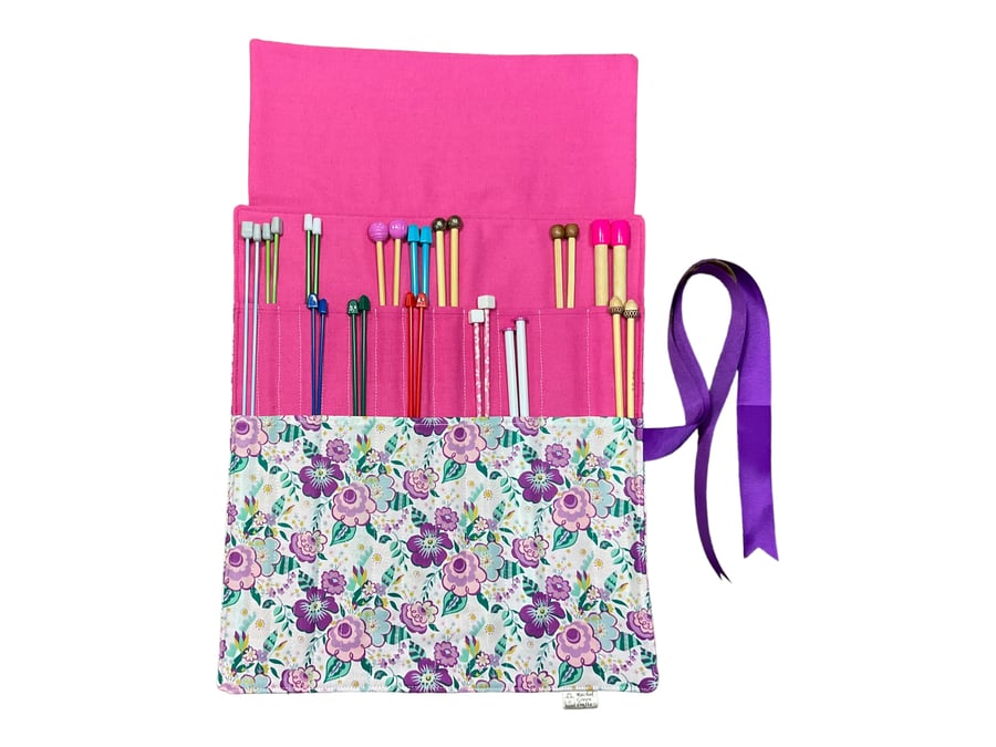 Liberty floral print Straight knitting needle case, needle roll, ribbon tie 