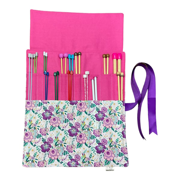 Liberty floral print Straight knitting needle case, needle roll, ribbon tie 