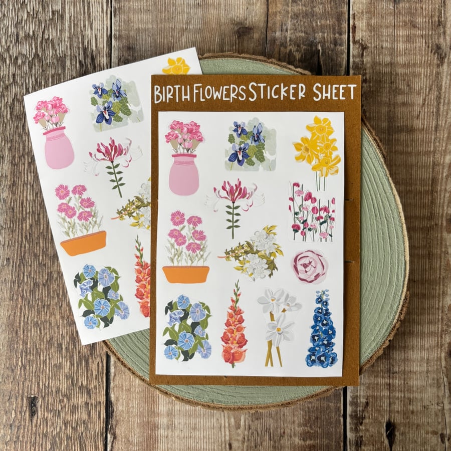 Flower Sticker Sheet, Monthly Birth Flowers, Soft Muted Stickers, Journalling