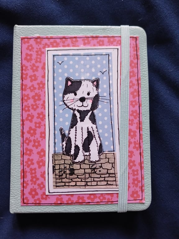 Quirky art, whimsical A6 lined hand decorated quirky cats  journal  notebook